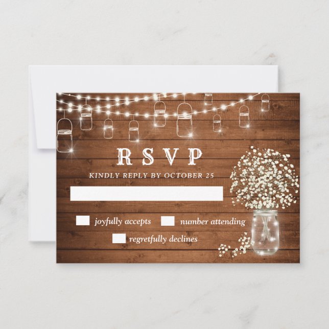 Baby's Breath Mason Jar Rustic RSVP Card (Front)