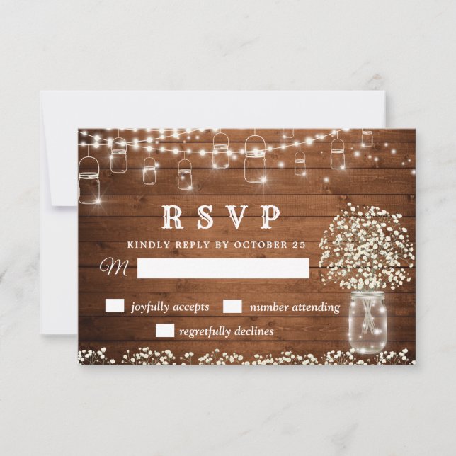 Baby's Breath Mason Jar Rustic RSVP Card (Front)