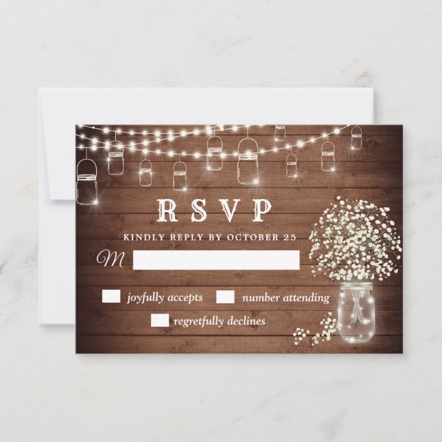Baby's Breath Mason Jar Rustic RSVP Card (Front)