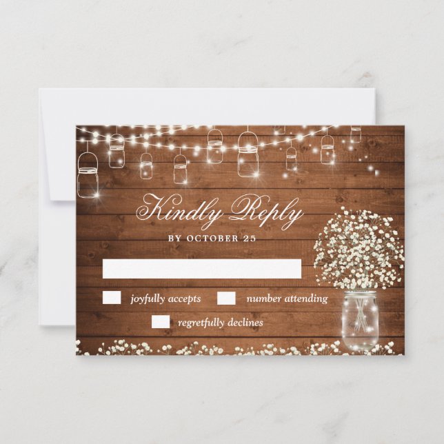 Baby's Breath Mason Jar Rustic RSVP Card (Front)