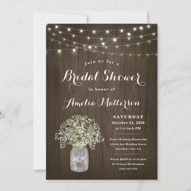 Babys Breath Mason Jar Rustic Unique Bridal Shower Invitation (Front)