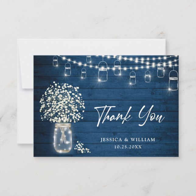 Baby's Breath Mason Jar Rustic Watercolor Thank You Card (Front)