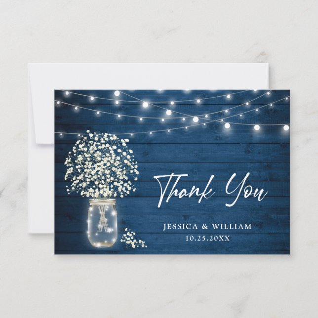 Baby's Breath Mason Jar Rustic Watercolor Thank You Card (Front)
