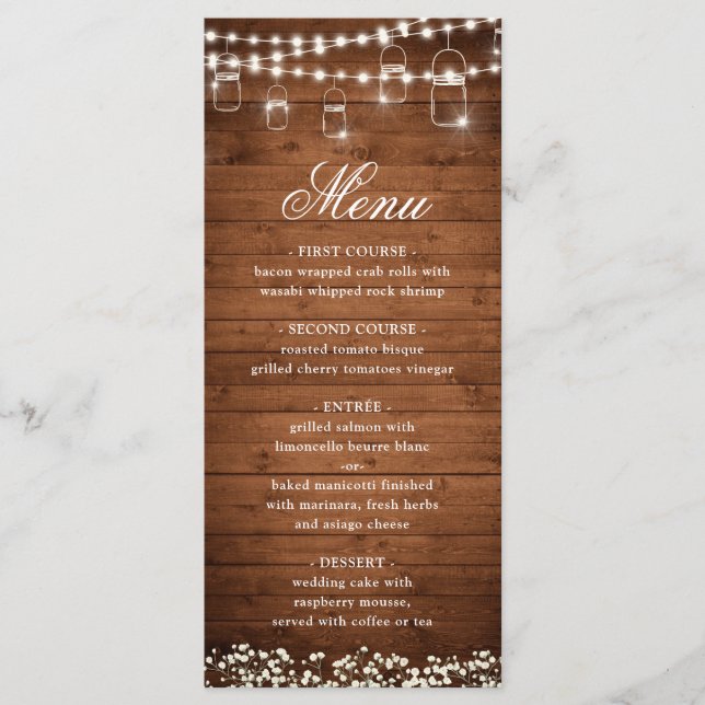 Baby's Breath Mason Jar Rustic Wedding Dinner Menu (Front)
