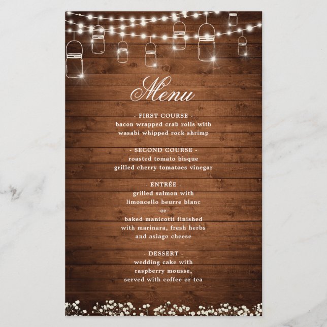 Baby's Breath Mason Jar Rustic Wedding Dinner Menu (Front)