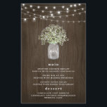 Babys Breath Mason Jar Rustic Wedding Menu Cards<br><div class="desc">Design features a country rustic watercolor wood grain background with elegant fairy twinkle string lights. Template also features a mason jar filled with baby's breath. You can change the demo initials on the jar to your very own.</div>