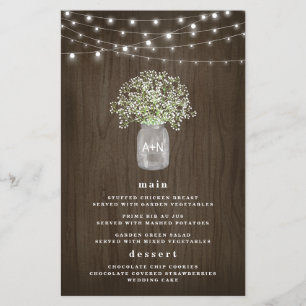 Babys Breath Mason Jar Rustic Wedding Menu Cards