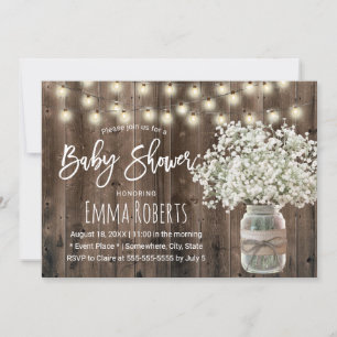 Baby's Breath Mason Jar Rustic Wood Baby Shower Invitation