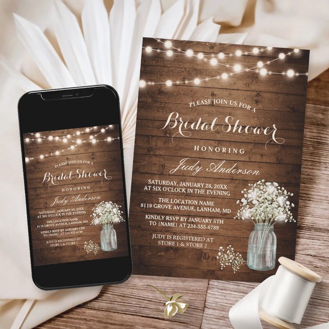 Baby's Breath Mason Jar Rustic Wood Bridal Shower Invitation (Perfect for anyone hosting a bridal shower with a rustic and romantic theme.)