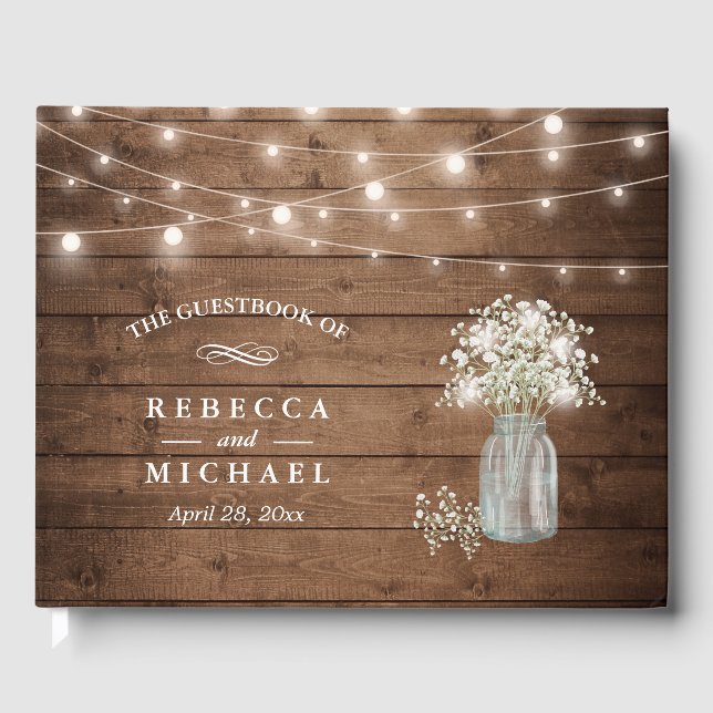 Baby's Breath Mason Jar Rustic Wood Lights Wedding Guest Book (Front)
