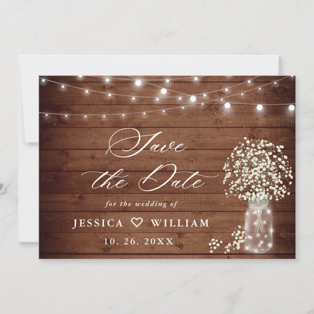 Baby's Breath Mason Jar Rustic Wood Wedding Save The Date (Front)