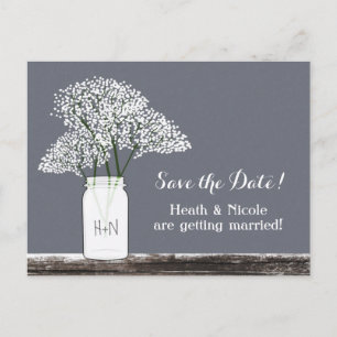 Baby's Breath Mason Jar Save Date Grey Postcard