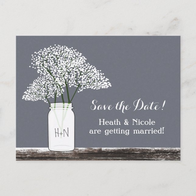 Baby's Breath Mason Jar Save Date Grey Postcard (Front)