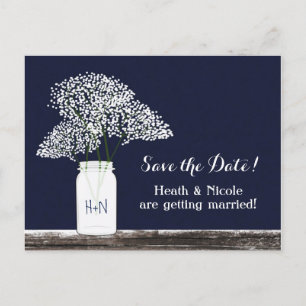 Baby's Breath Mason Jar Save The Date Postcard