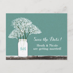 Baby's Breath Mason Jar Save The Date Postcard