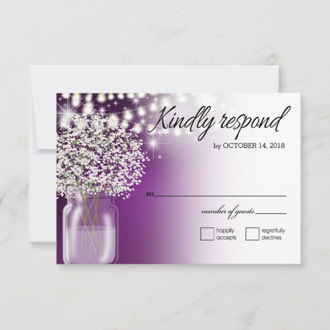Baby's Breath Mason Jar String Lights RSVP purple Card (Front)
