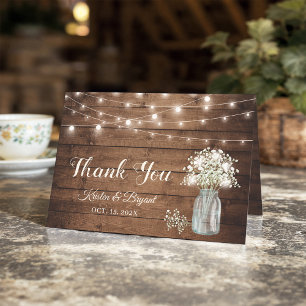 Baby's Breath Mason Jar String Lights Rustic Wood Thank You Card