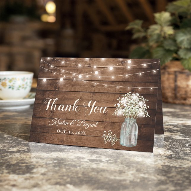 Baby's Breath Mason Jar String Lights Rustic Wood  Thank You Card (Creator Uploaded)