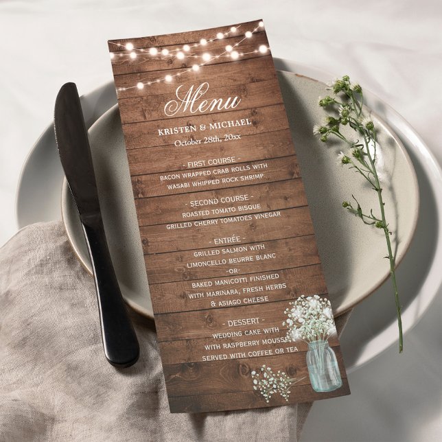 Baby's Breath Mason Jar String Lights Wedding Menu (Creator Uploaded)