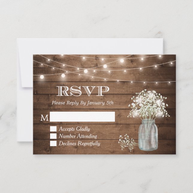 Baby's Breath Mason Jar String Lights Wedding RSVP (Front)