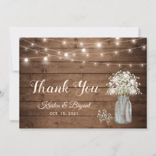 Baby's Breath Mason Jar String Lights Wedding Thank You Card