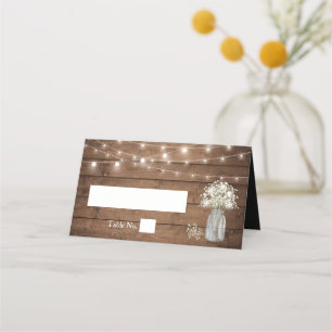 Baby's Breath Mason Jar String Lights Wood Wedding Place Card