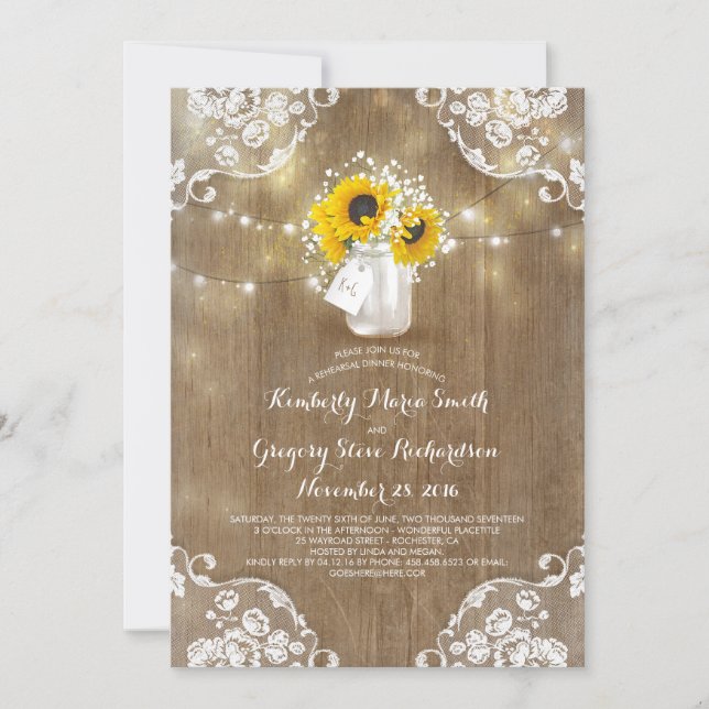 Baby's Breath Mason Jar Sunflower Rehearsal Dinner Invitation (Front)