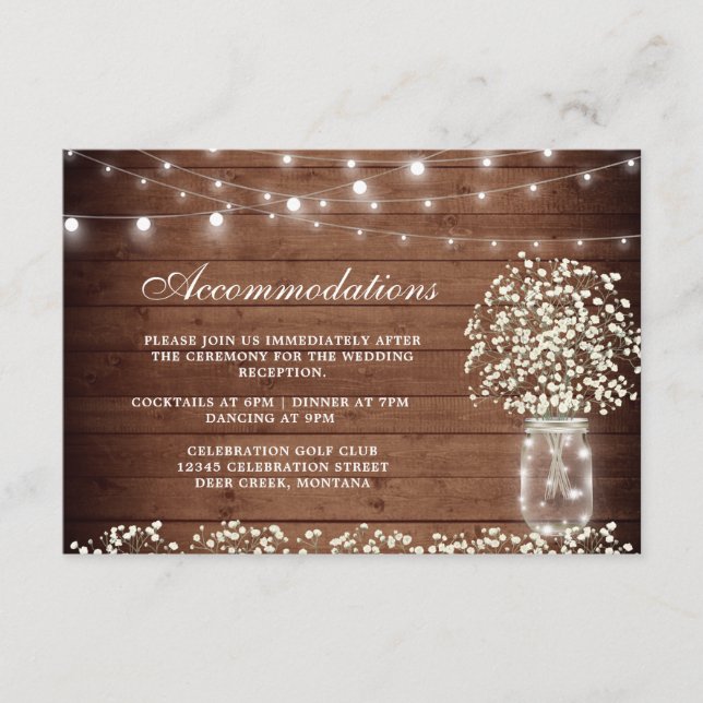Baby's Breath Mason Jar Wedding Accommodations Enclosure Card (Front)