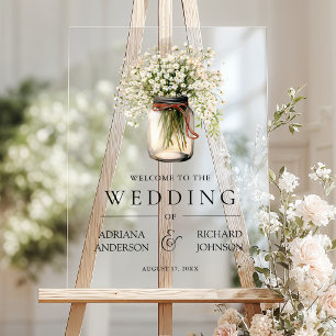 Baby's Breath Mason Jar Wedding Welcome Acrylic Sign