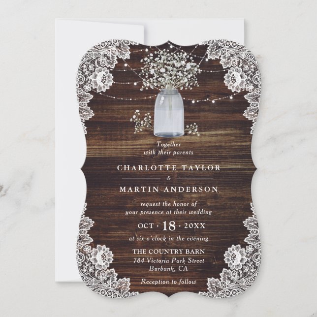 Baby's Breath Mason Jar Wood Floral Lace Wedding Invitation (Front)