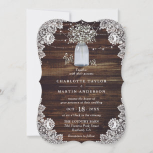 Baby's Breath Mason Jar Wood Floral Lace Wedding Invitation