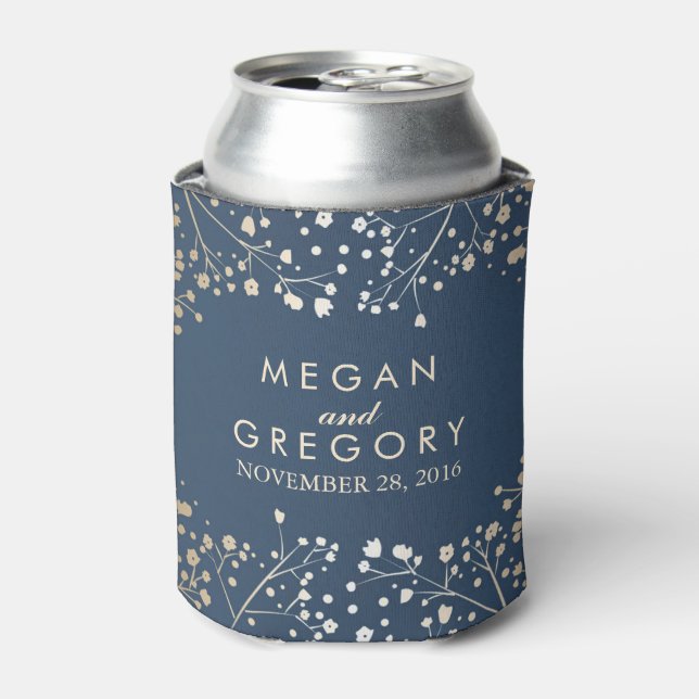 Baby's Breath Navy Wedding Can Cooler (Can Front)