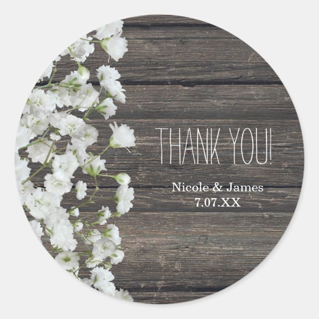 Baby's Breath on Rustic Wood Country Wedding Classic Round Sticker (Front)