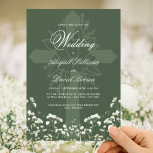 Baby's Breath on Sage Green Religious Wedding Invitation