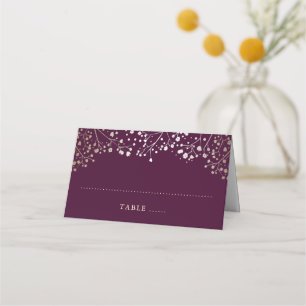 Baby's Breath Plum and Gold Wedding Place Card