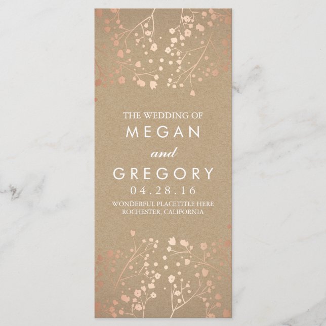 Baby's Breath Rose Gold and Kraft Wedding Programs Programme (Front)