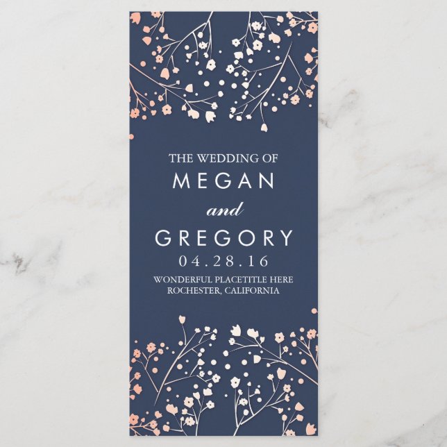 Baby's Breath Rose Gold and Navy Wedding Programs Programme (Front)