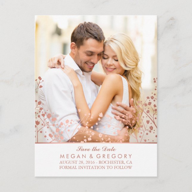 baby's breath rose gold effect photo save the date announcement postcard (Front)