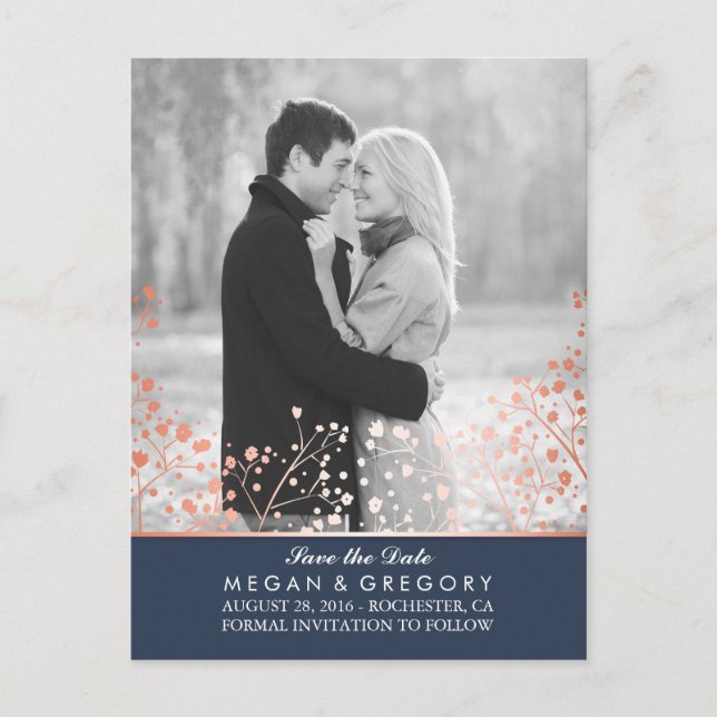 baby's breath rose gold effect photo save the date announcement postcard (Front)
