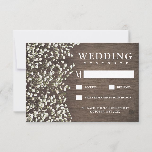 Baby's Breath Rustic Barn Wood Wedding RSVP Cards (Front)