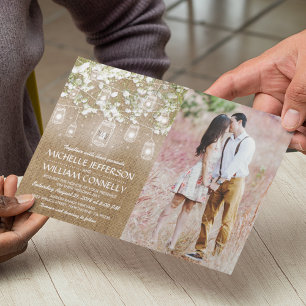 Baby's Breath Rustic Burlap Photo Wedding Invitation
