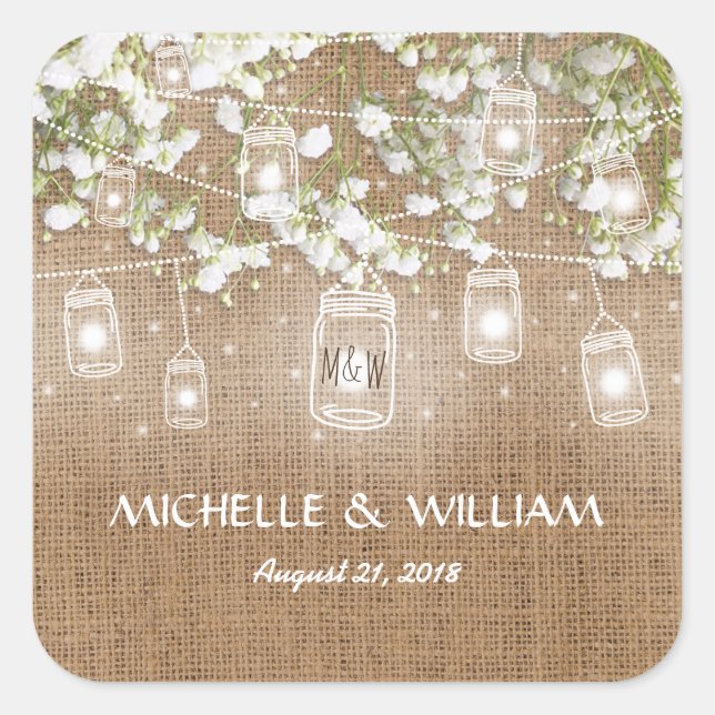 Baby's Breath Rustic Burlap Wedding Square Sticker (Front)