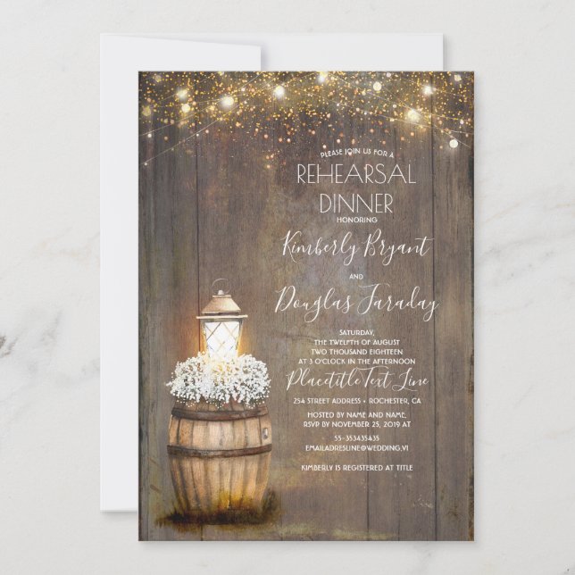 Baby's Breath Rustic Lantern Rehearsal Dinner Invitation (Front)