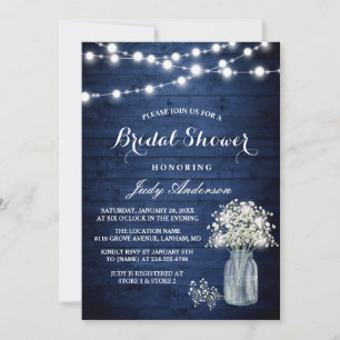 Babys Breath Rustic Navy Blue Lights Bridal Shower Invitation
