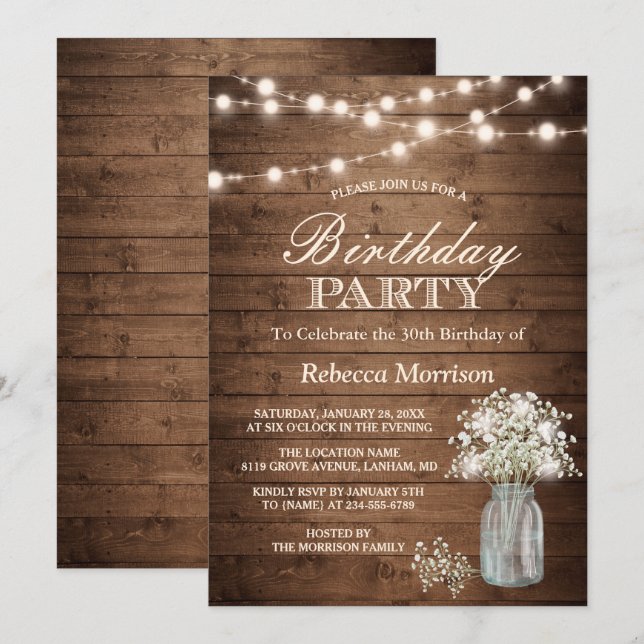 Baby's Breath Rustic String Lights Birthday Party Invitation (Front/Back)