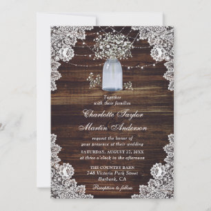 Baby's Breath Rustic Wood Lace Lights Wedding Invitation