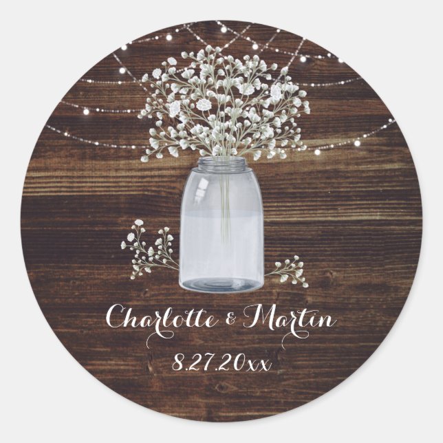 Baby's Breath Rustic Wood Mason Jar Wedding Classic Round Sticker (Front)