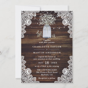 Baby's Breath Rustic Wood Mason Jar Wedding Invitation