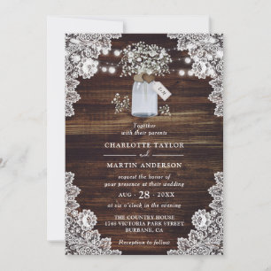 Baby's Breath Rustic Wood Mason Jar Wedding Invitation