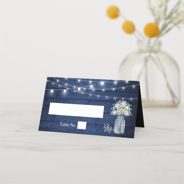 Baby's Breath Rustic Wood Navy Blue Lights Wedding Place Card (Front)